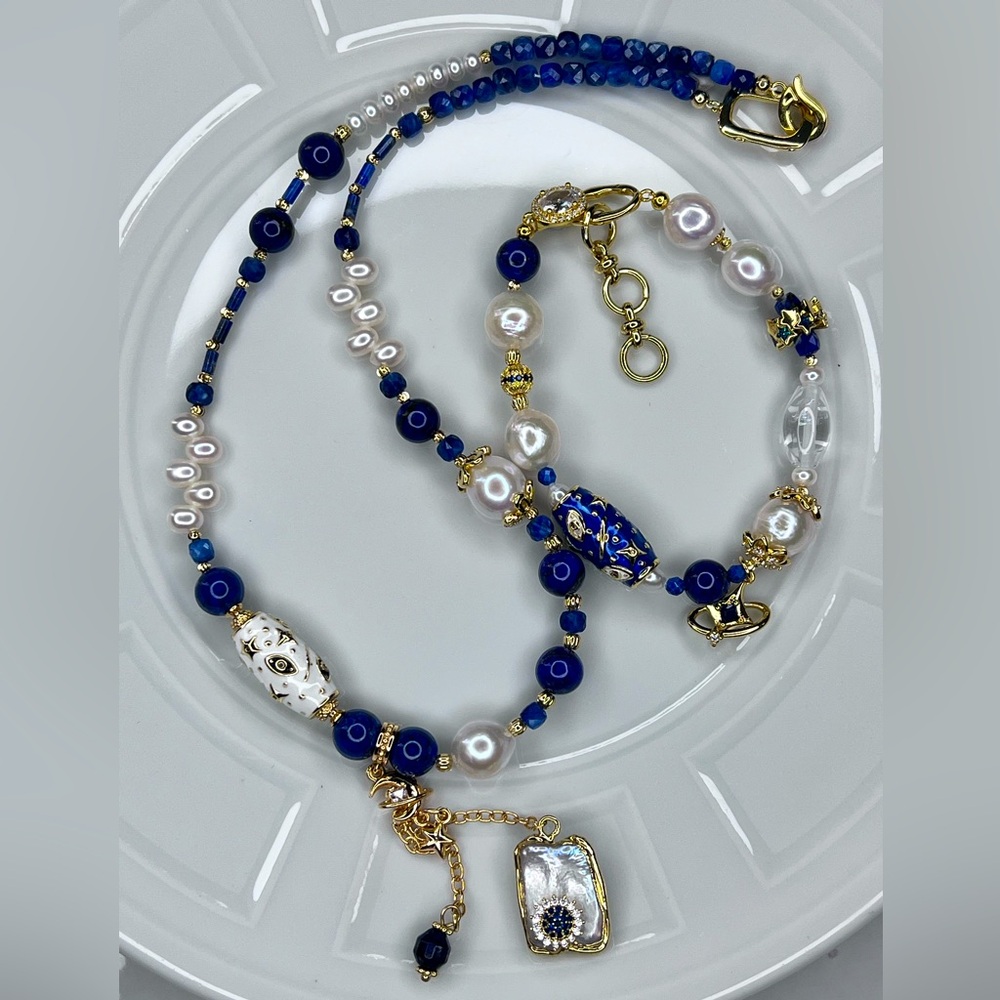 🤩🤩 Handmade Freshwater Edison Pearl Lapis Clear Quartz Necklace Bracelet SET - Picture 2 of 6